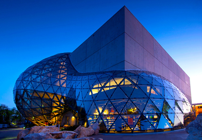 Florida, Saint Petersburg, New Salvador Dali Museum, Triangular Glass Architecture Referred To As The 'Glass Enignma', Homage To Buckminster Fuller's Geodesic Domes, Dusk, Opened 1/11/11